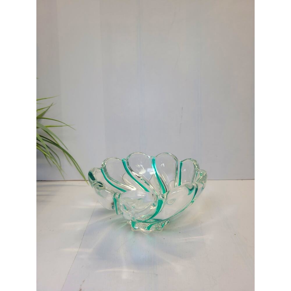 Vintage Mikasa Crystal Peppermint Green Ribbon Swirl Scalloped Candy Bowl